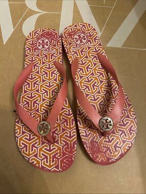 Tory Burch Coral and Orange Geometric Logo Flip Flops